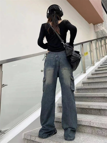 Blue Cargo Pants High Waist Washed Jeans American Retro High Street Flared Wide Leg Split Trousers With Zipper New