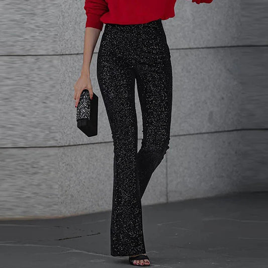 Spring Glitter Sequin Shiny Party Pants High Wiast Slim Flare Trousers New Autumn Straight Pant