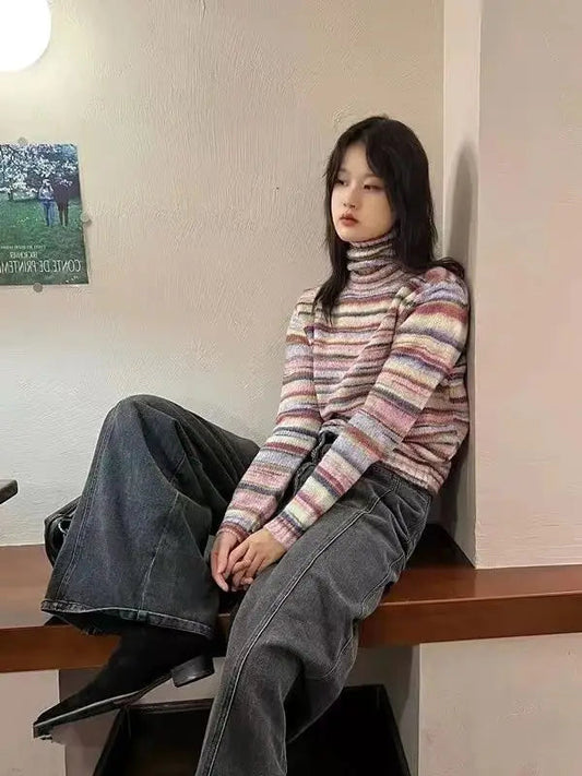 French High Collar Sweater Rainbow Stripe Pullovers Age Reduction O Neck Knitwears Korean Sueter Mujer