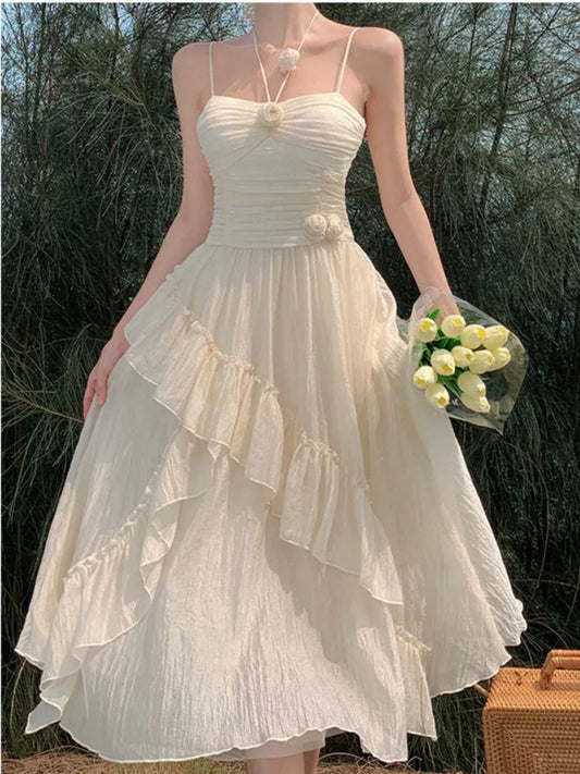 Ruffles Fairy Midi Dresses Summer Folds Birthday Evening Party Vestidos Korean Sweet Spaghetti Straps Dress