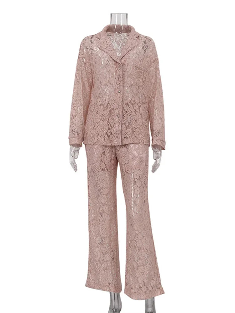 Lace Hollow Out Printed 2 Piece-set Trousers Female See-through See-through Shirts and ’s Pants Outfits