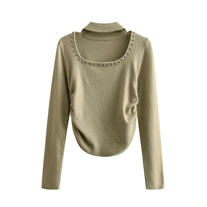 No Maillard Rule Neck Cutout Knitted Bottoms Autumn Design Sense of Pure Spice ' Slim Fit Short Suit Sweater