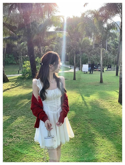 Sweet White Mini Dress Square Collar Sleeveless Laceup Birthday Party Dresses Summer Aline Short Vestidos