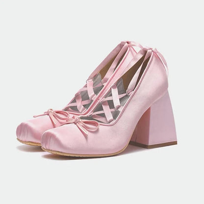 Silk Square Toe 9cm Heel Ballet Shoes Lace Up Pumps