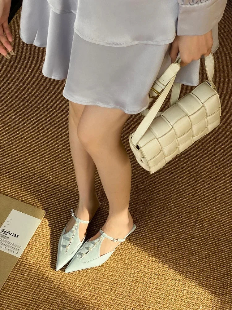 Woman Pumps String Pearl Pointed Toe Thin Low Heels Shoes Buckle Strap Zapatos De Mujer