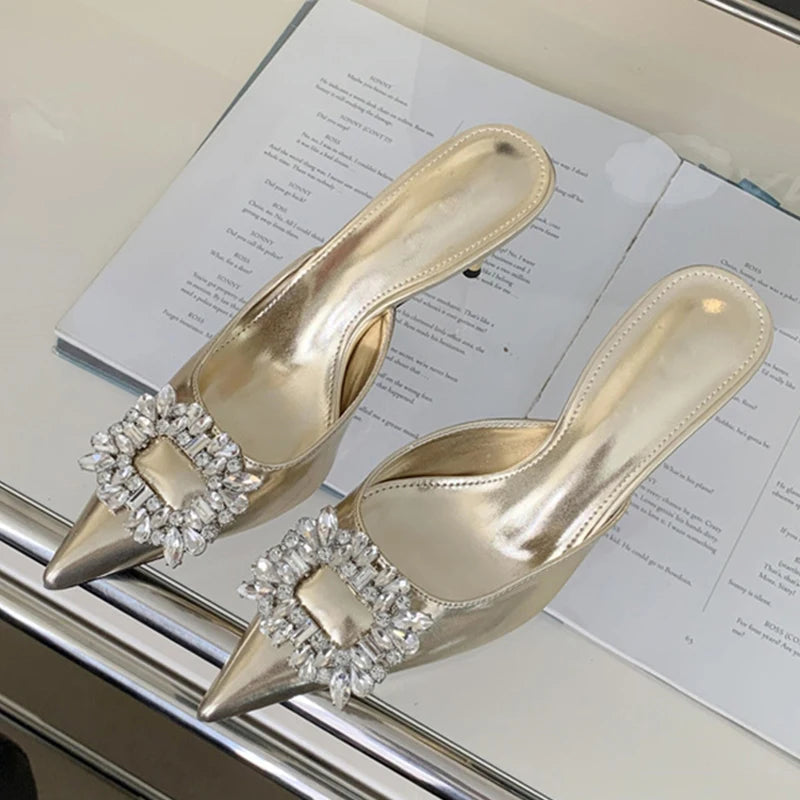 New Crystal Thin Heels Mules Slippers Pointed Toe Banquet Party Prom Shoes