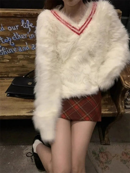 Knitted Sweater Pullover Contrast V Neck Loose Furry Autumn Winter Jumper Tops