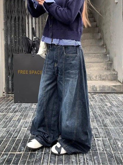 Y2k Letter Embroidery Washed Jeans Harajuku Wide Leg Denim Pants Baggy Gyaru Scimitar Trousers