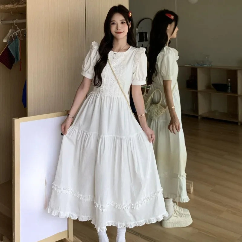 White Long Dresses Puff Sleeve Spring Summer Vestidos Mujer Korean Ruffles Sweet Dress