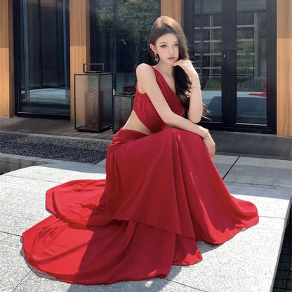 Fairy Beach Style Aline Maxi Dresses for Sleeveless One Shoulder Crop Ruffles Y2k Party Long Dress Vestidos
