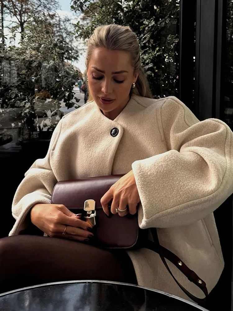 One Button O-neck Woolen Coats for Long Sleeve Cropped Oversized Jackets Lady High Street Outerwear New