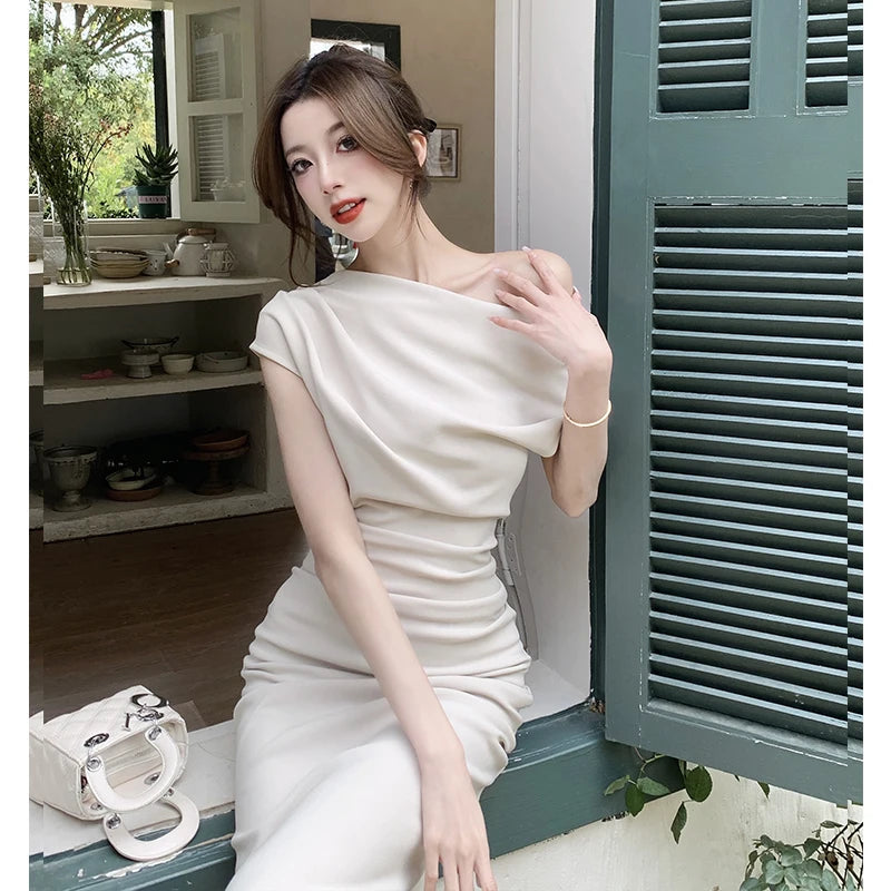 French Temperament Celebrity Wind Strapless Oblique Collar Dress Female Spring and Summer Slim Open Package Hip Long Dress