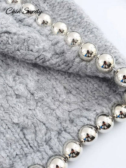 Beading Twist Pullover Knit Gray Long Sleeve High Collar Sweater Lady High Street Lady All-matching Knitwear