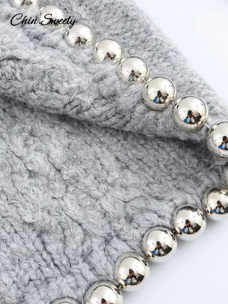 Beading Twist Pullover Knit Gray Long Sleeve High Collar Sweater Lady High Street Lady All-matching Knitwear
