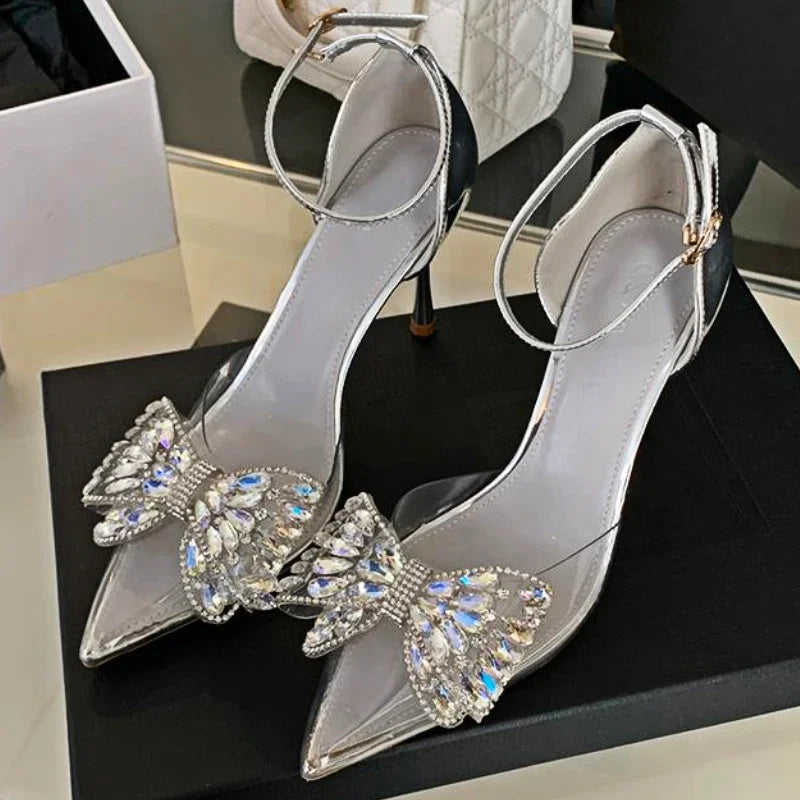 Rhinestone Bow Pvc Transparent High Heels Hollow Party Dress Shoes Female Pointed Toe Heeled Sandals
