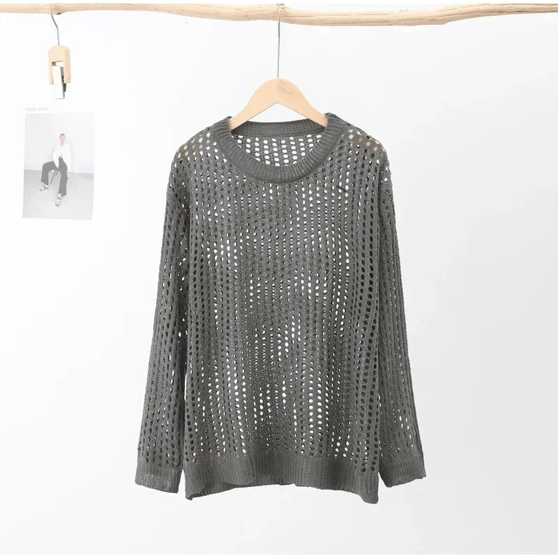 Summer Oversize T-shirt Knitted Sweater ’s Long Sleeve Transparent Top Loose Pullovers Basic T-shirt for