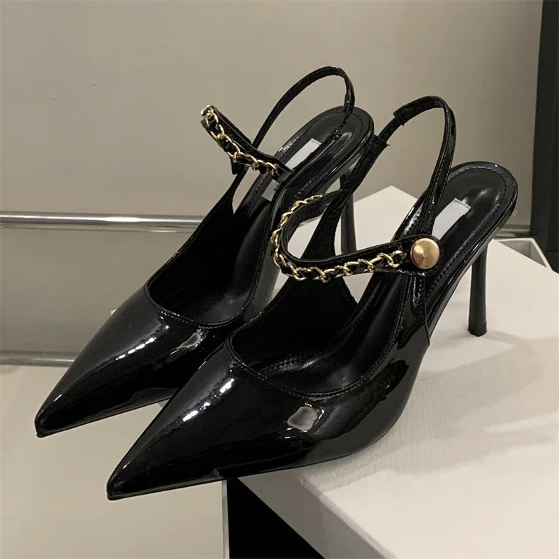 Summer Street Style Rivet Pointed Toe Pumps Sandals Buckle Strap Thin Heels Party Prom Stripper Shoes