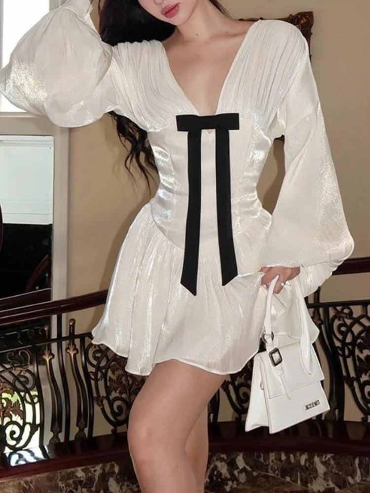 White Mini Dress for Vneck Lantern Sleeve Dress With Bow French Style Slim Birthday Evening Dresses