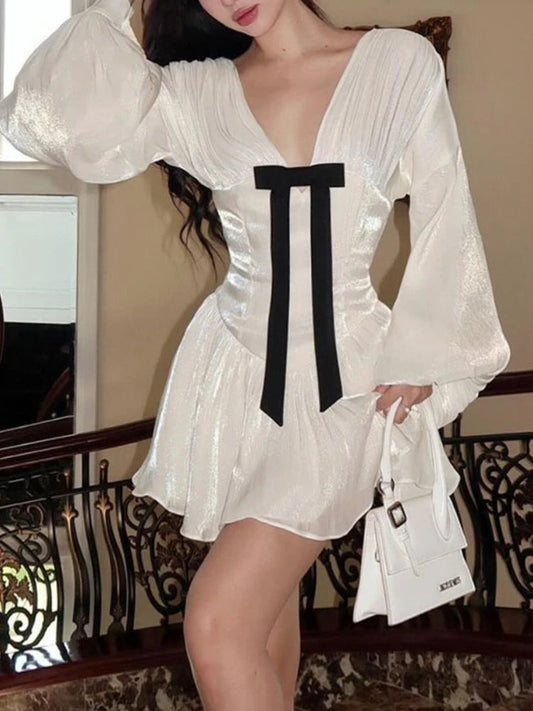 White Mini Dress for Vneck Lantern Sleeve Dress With Bow French Style Slim Birthday Evening Dresses