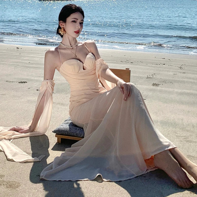 French Summer Beige Club Spaghetti Strap Long Dress V Neck Backless Wrap Hip Pleated Fishtail Evening Dress
