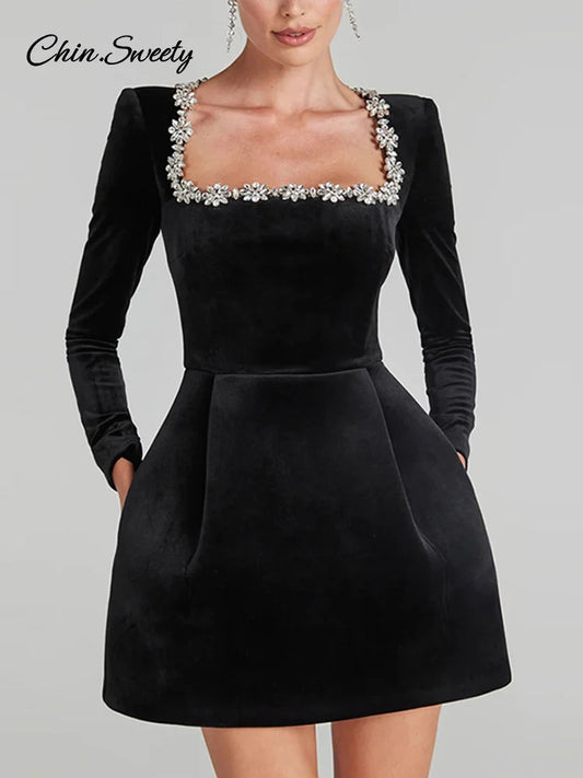 Rhinestone Decor Velvet Mini Dress Black Square Neck Long Sleeve High Waist A-line Dresses Lady Evening Party Gown