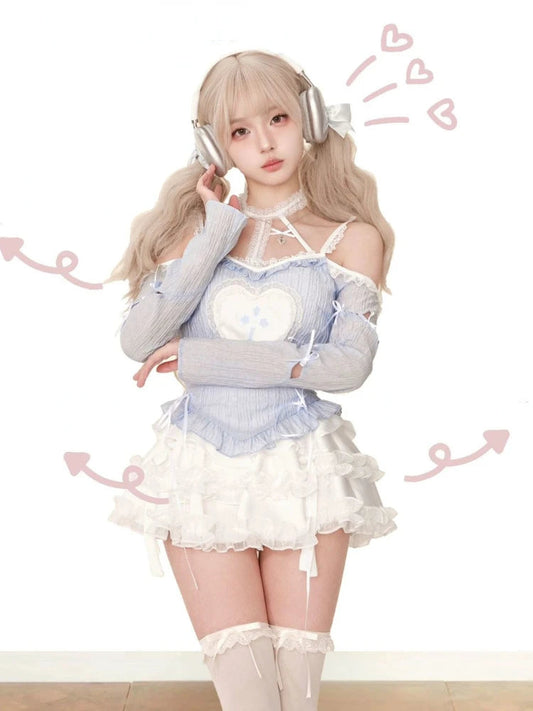 Japanese Style Lolita Skirt Sets Woman Harajuku Kawaii Print Blouse + Slim Cake Skirt Y2k Mini Skirt Hot 2000s