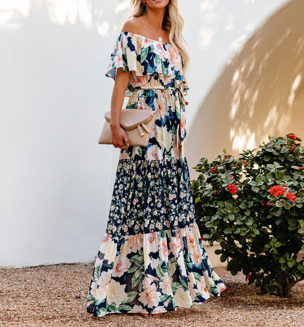 Flower Print Off Shoulder Long Dresses for Spring Summer New Temperament High Waist Leace-up Dress Female Vestidos