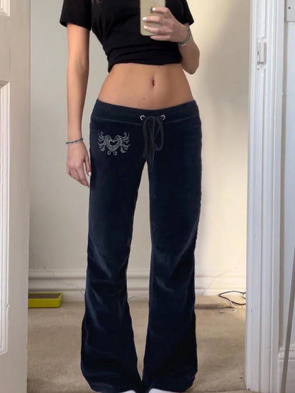 American Retro Y2k Low Waisted Velvet Flared Pants Drawstring Tie Waist Heart Rhinestone Trousers