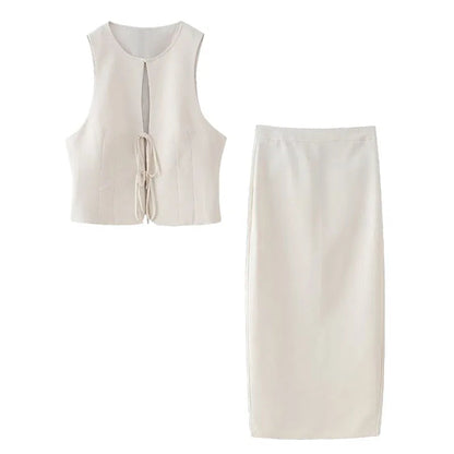 Summer Suit Woman Sleeveless Tank Top Causal Laceup Cropped Vest Female High Waist Slit Pencil Long Skirts