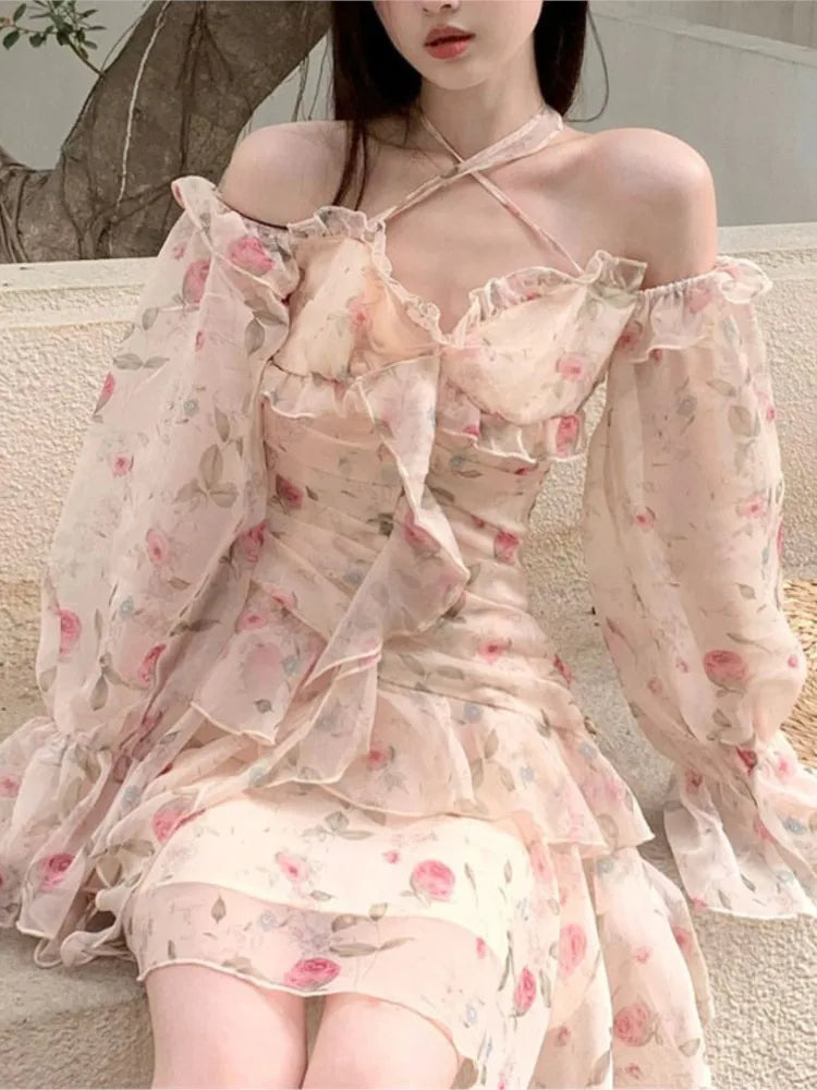 Summer Sweet Print Chiffon Dress Long Sleeve Ruffles Party Mini Dresses Female Korean Slim Vestidos