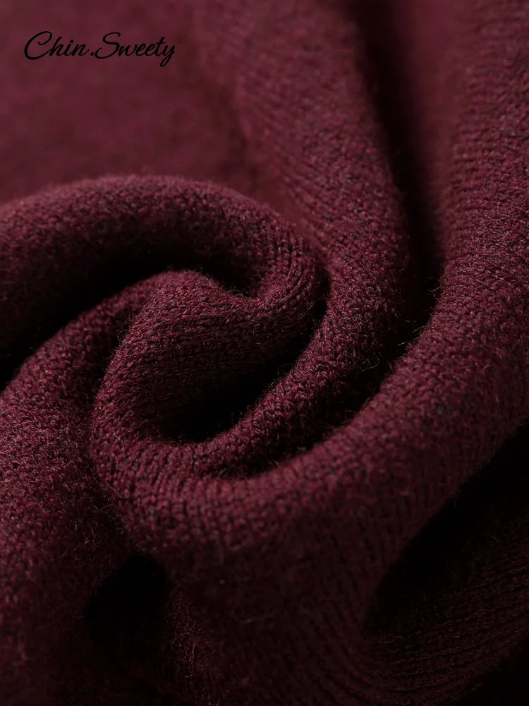 Loose Burgundy Cloak Cape Sweater Knit Turtleneck Loose Raglan Sleeve Pullovers Female Autumn Lady Asymmetric Outwear