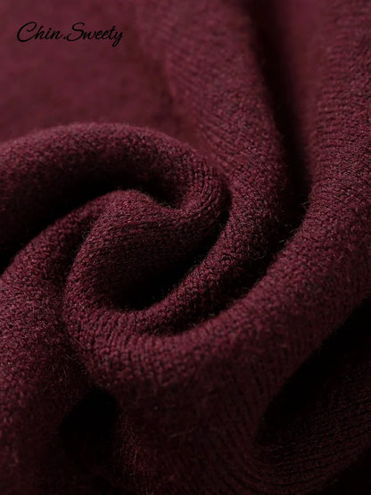 Loose Burgundy Cloak Cape Sweater Knit Turtleneck Loose Raglan Sleeve Pullovers Female Autumn Lady Asymmetric Outwear