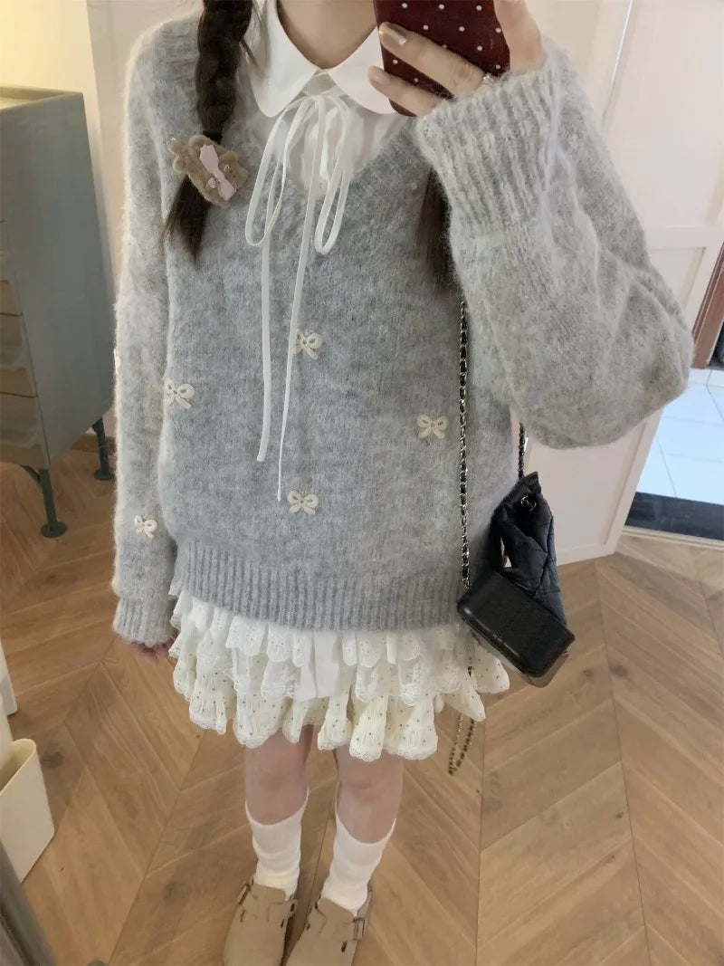 Sweet Hot Girl Grey Bow Embroidered Sweater Autumn Loose Thickened Knitted Pullover Female Clothes