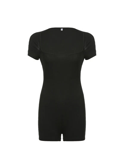 Backless Square Collar Skinny Short Sleeve Bodycon Rompers Playsuits