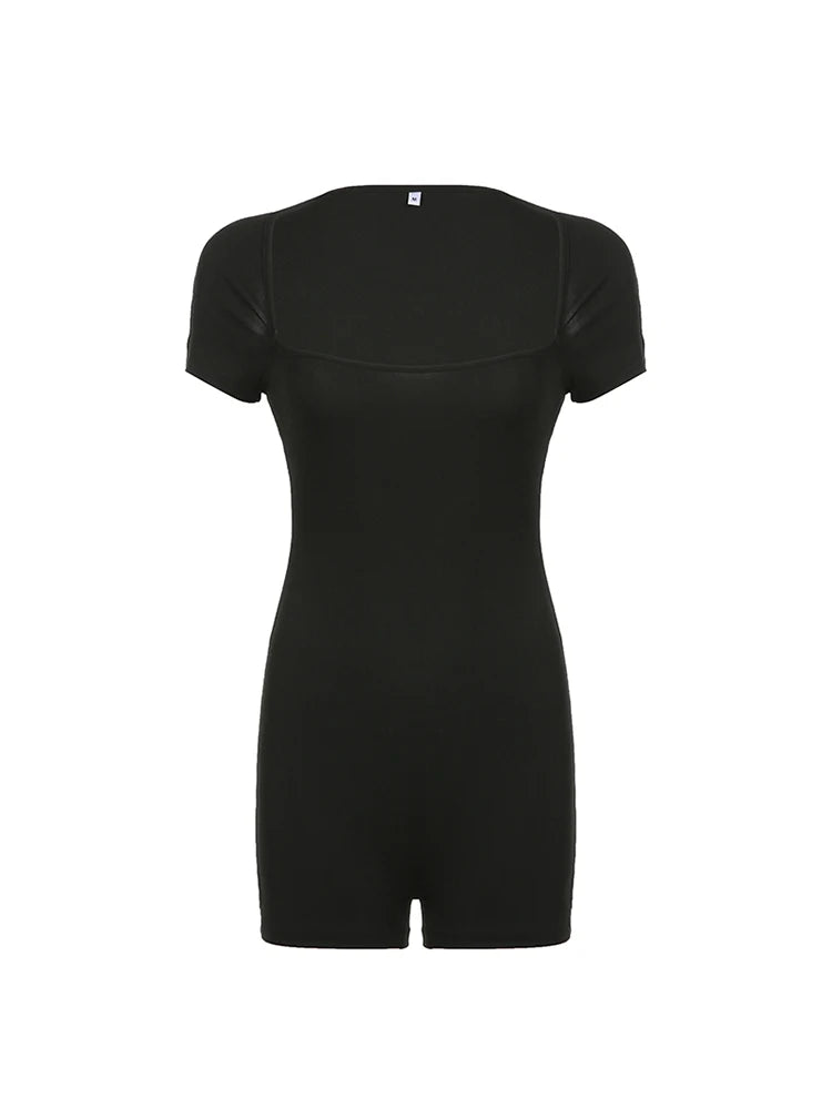 Backless Square Collar Skinny Short Sleeve Bodycon Rompers Playsuits