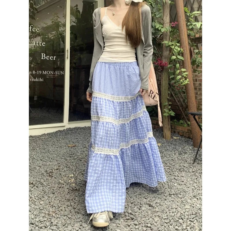 Korean Contrast Color Patchwork Loose Midlength Skirt Summer New High Waist All Match Plaid Aline Skirt