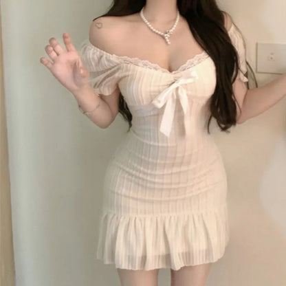 Ruffles Puff Sleeve Mini Dresses Y2k Spring Summer Vestidos Mujer Korean Bows Dress