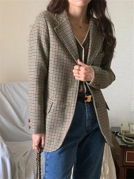 Ol Blazers Slim Autumn Woolen Office Lady Work Wear Plaid Mujer Coats Daily Houndstooth