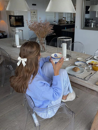 Loose Blue Sweater O Neck Cropped Pullover Tops Female Autumn Knitted