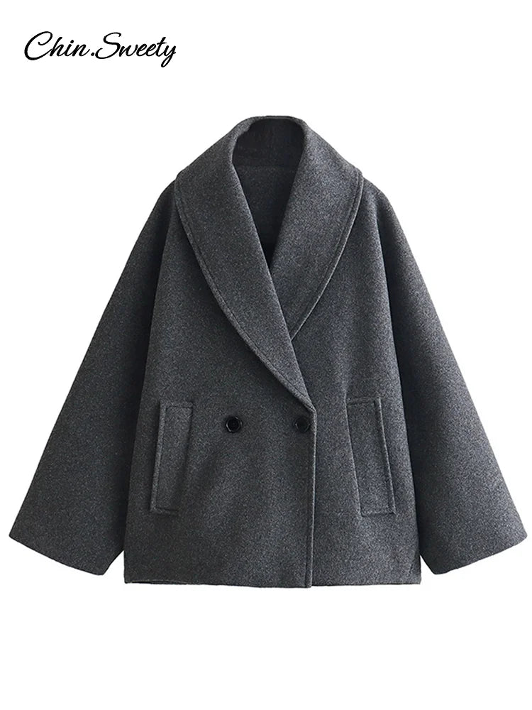 Retro Loose Woolen Blend Coat Lapel Double-breasted Long Sleeve Pocket Thick Gray Jacket Autumn Spring