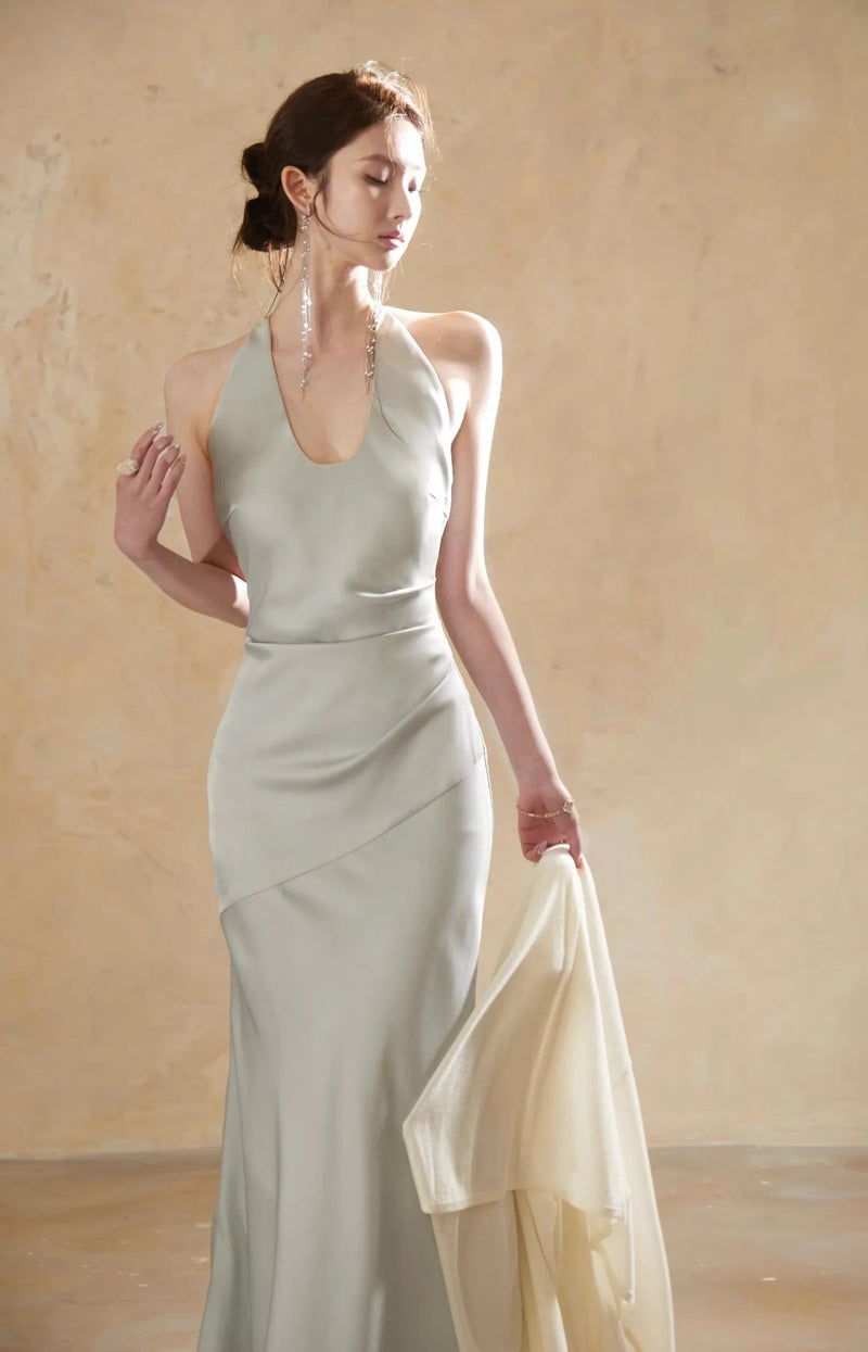 Slim Fit Long Dresses White Cambridge Blue Evening Dresses Spring Neckmounted Backless Mermaid Vestidos