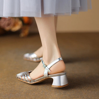 Split Leather Sandals Round Toe Chunky Heel Summer Shoes Narrow Band Shoes for Handmade Shoes Женские Сандалии