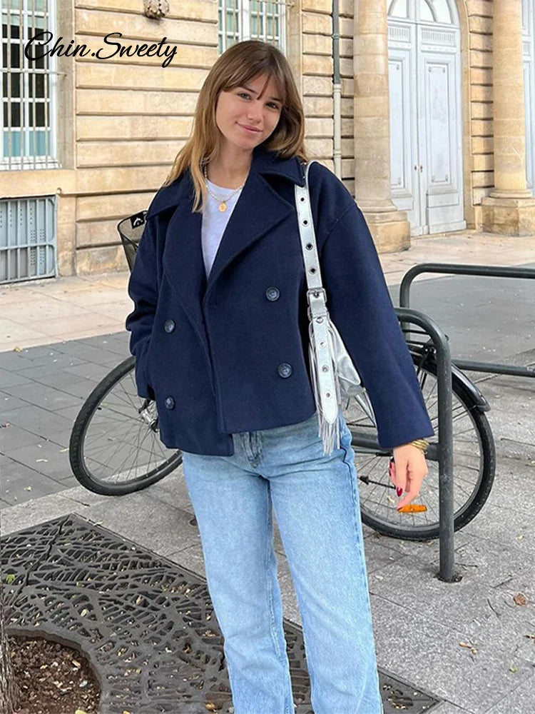 Loose Woolen Blends Coat Lapel Double Breasted Pockets Jackets Autumn Winter Lady Office Outwear New