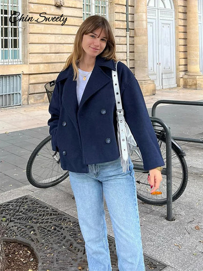 Loose Woolen Blends Coat Lapel Double Breasted Pockets Jackets Autumn Winter Lady Office Outwear New