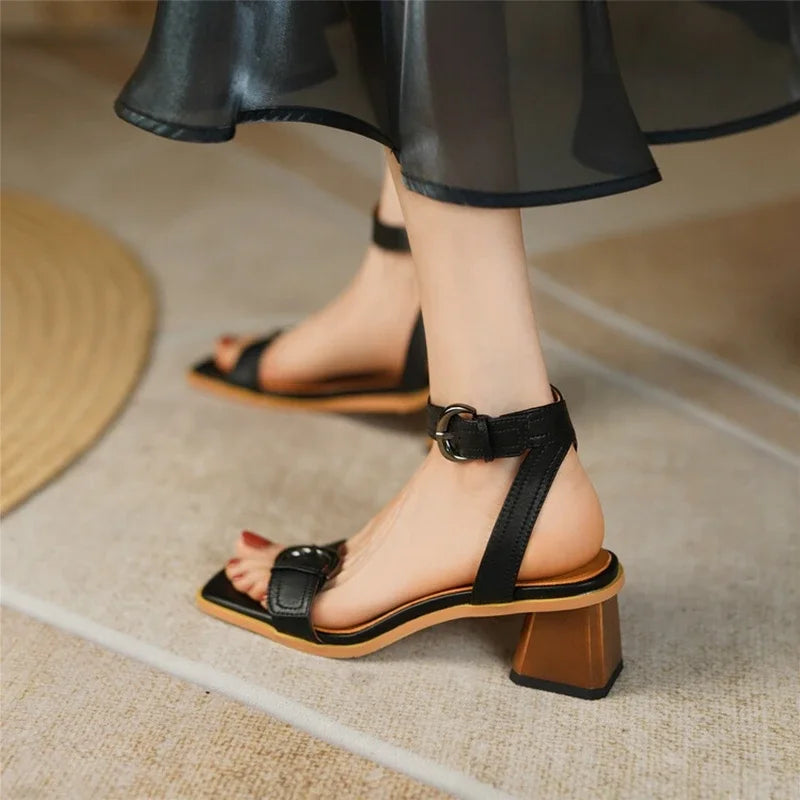 New Summer Shoes Square Toe Chunky Heel Sandals Cow Leather High Heels Band Shoes Black Shoes for