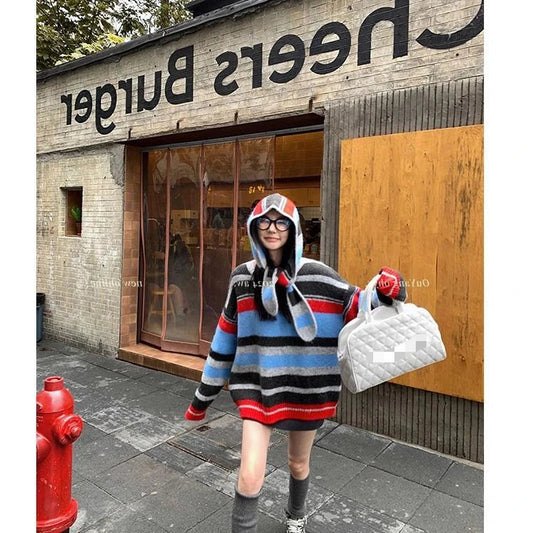 New Retro Detachable Hooded Lazy Style Striped Sweater Female Autumn/winter Loose Knitted Pullovers Sweaters Tops