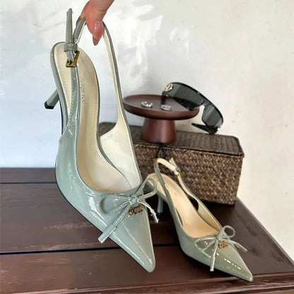 Bow Metal Buckle Design High Heels Pointed Toe Patent Leather Slingback Heeled Sandals Party Shoes