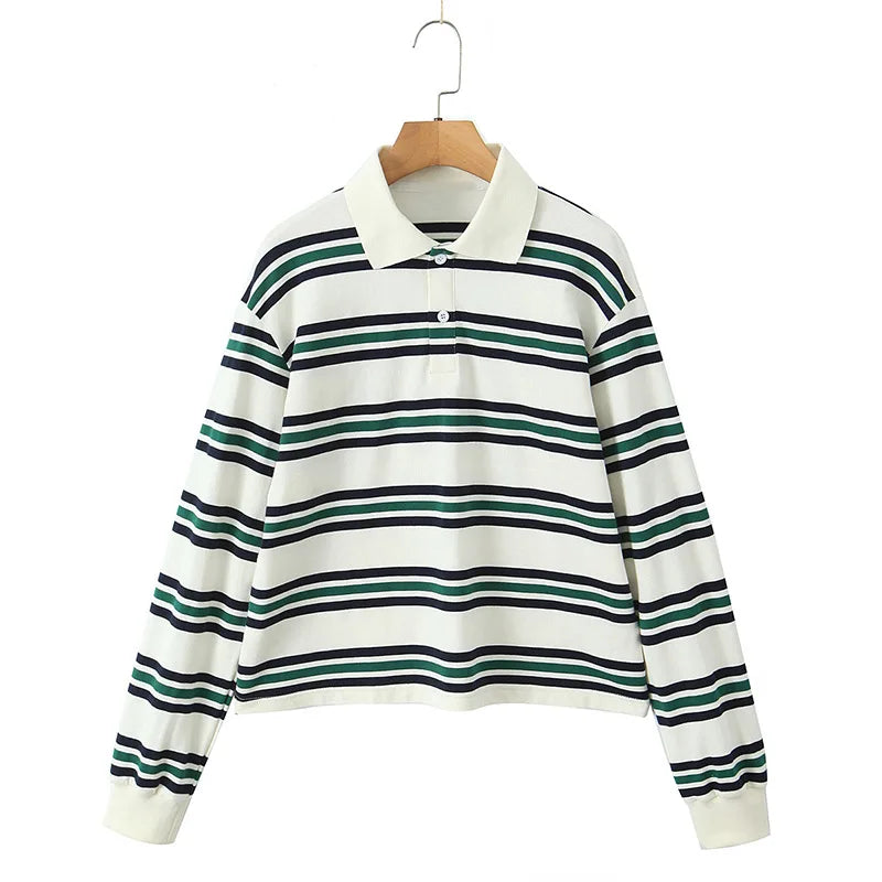Stripe Basic T-shirt Long Sleeve Female All Match Polo Shirt Spring New Loose Tops High Street
