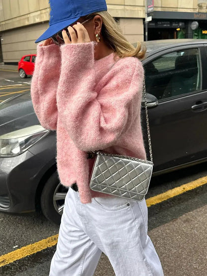 Oversize Pink Cashmere Base Sweater Long Sleeve Round Collar Pullover New Lady High