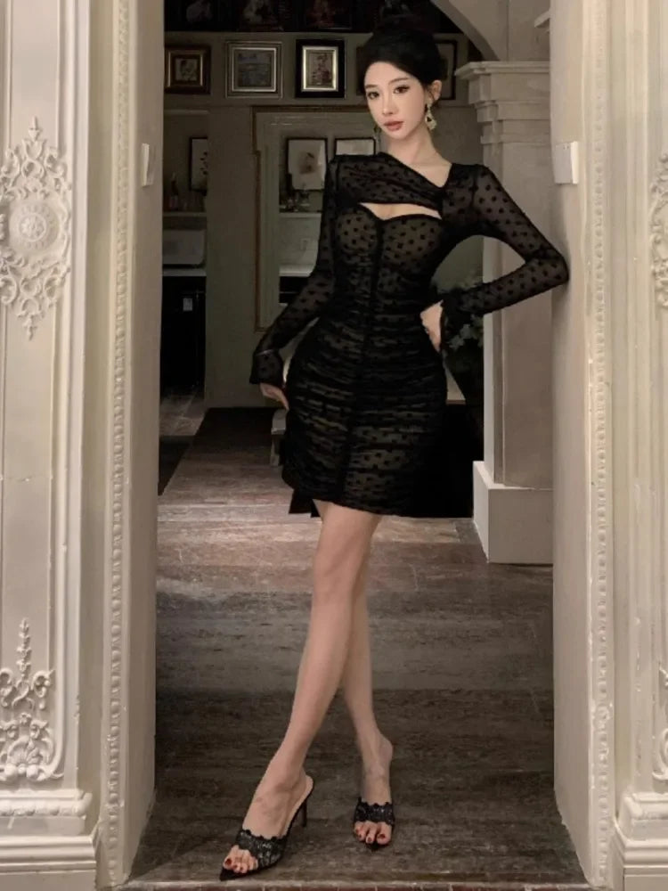 Cocktail Mini Dresses Hollow Out Slim Patchwork Mesh Long Sleeve Club Evening Dress Birthday Party